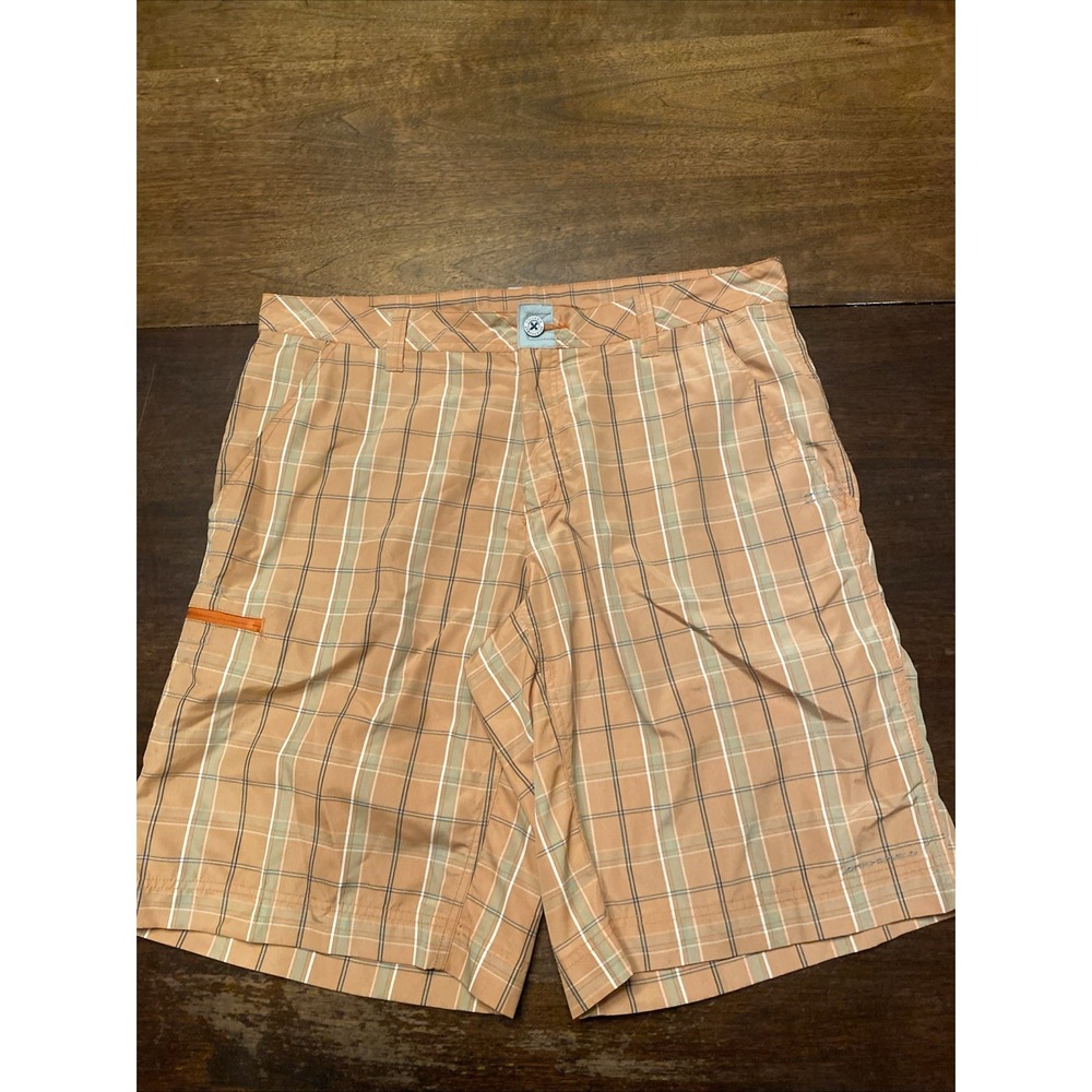 Vintage Columbia Shorts Mens‎ 38 Orange Plaid Flat Front Chino Hiking Outdoors